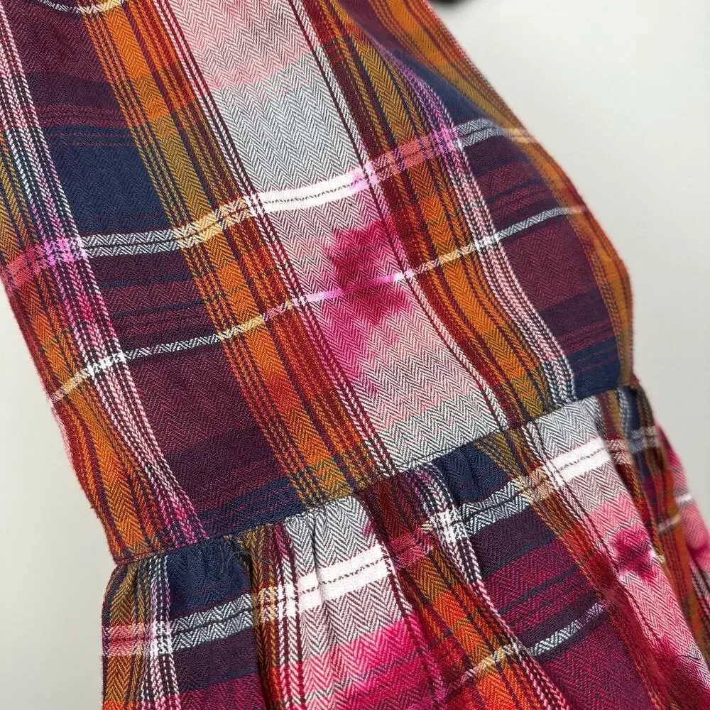 Angie Plaid Flannel Long Sleeve Dress Ruffle Hem Bleach Effect Size S Smocked